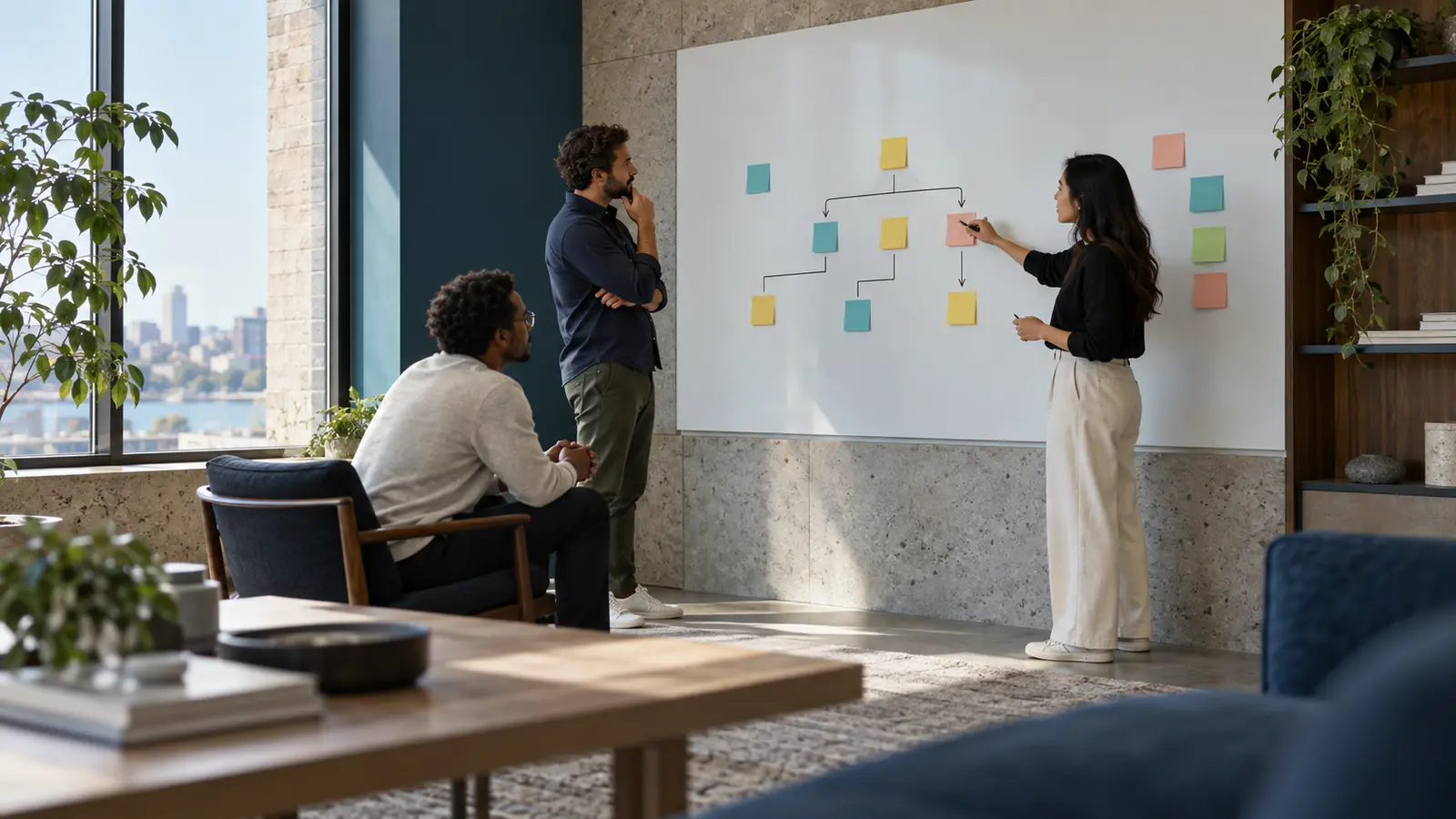 Colleagues reviewing a service and risk map around a meeting table