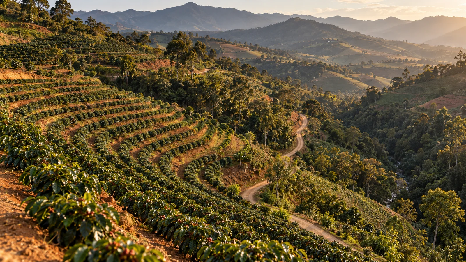 Illustrative terraced coffee landscape beside wooded highland ravines