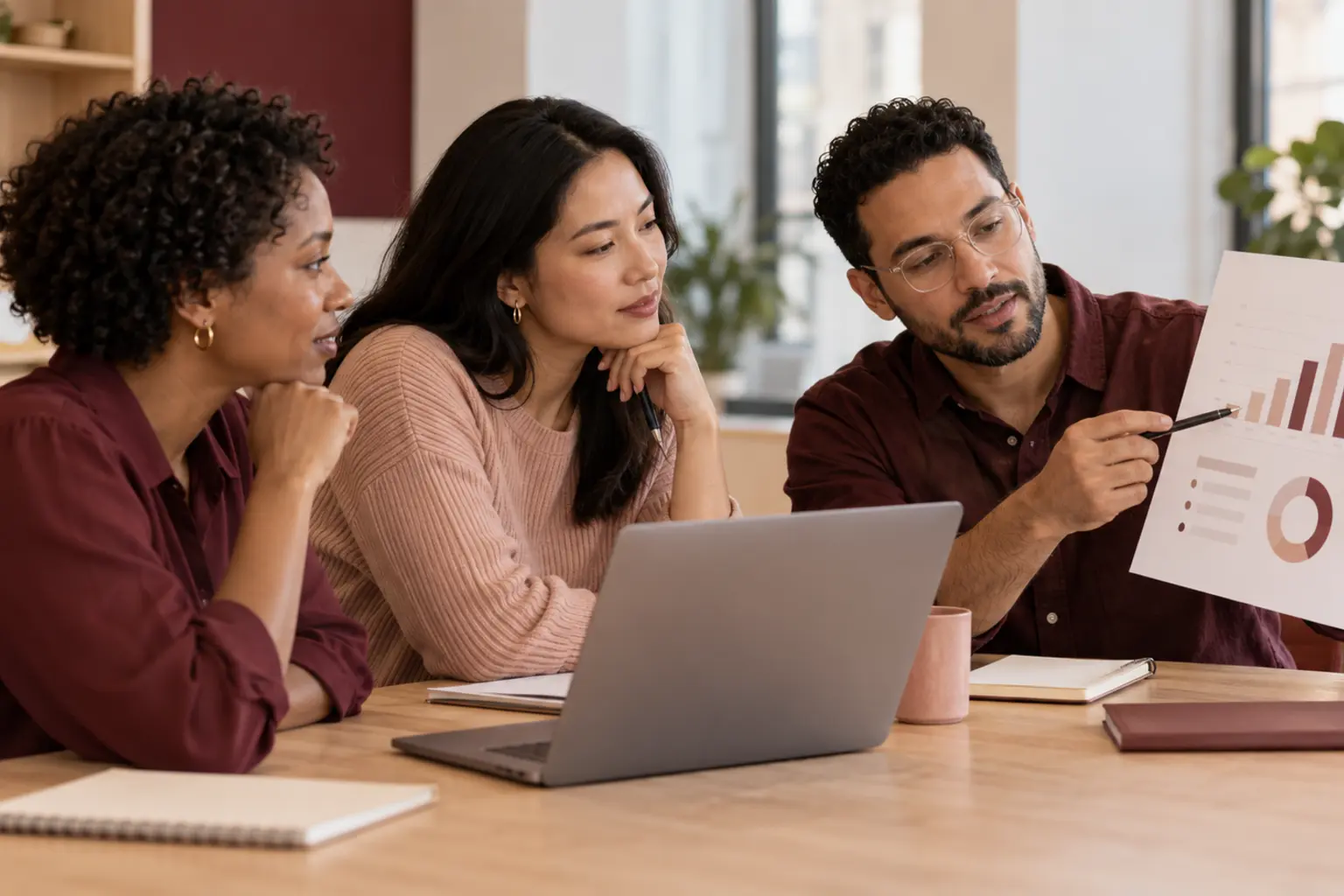 Colleagues discussing a document in a bright workplace