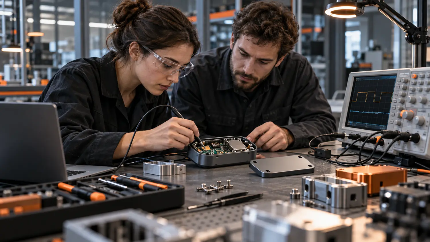 Engineer inspecting a circuit board and industrial device on a technical workbench
